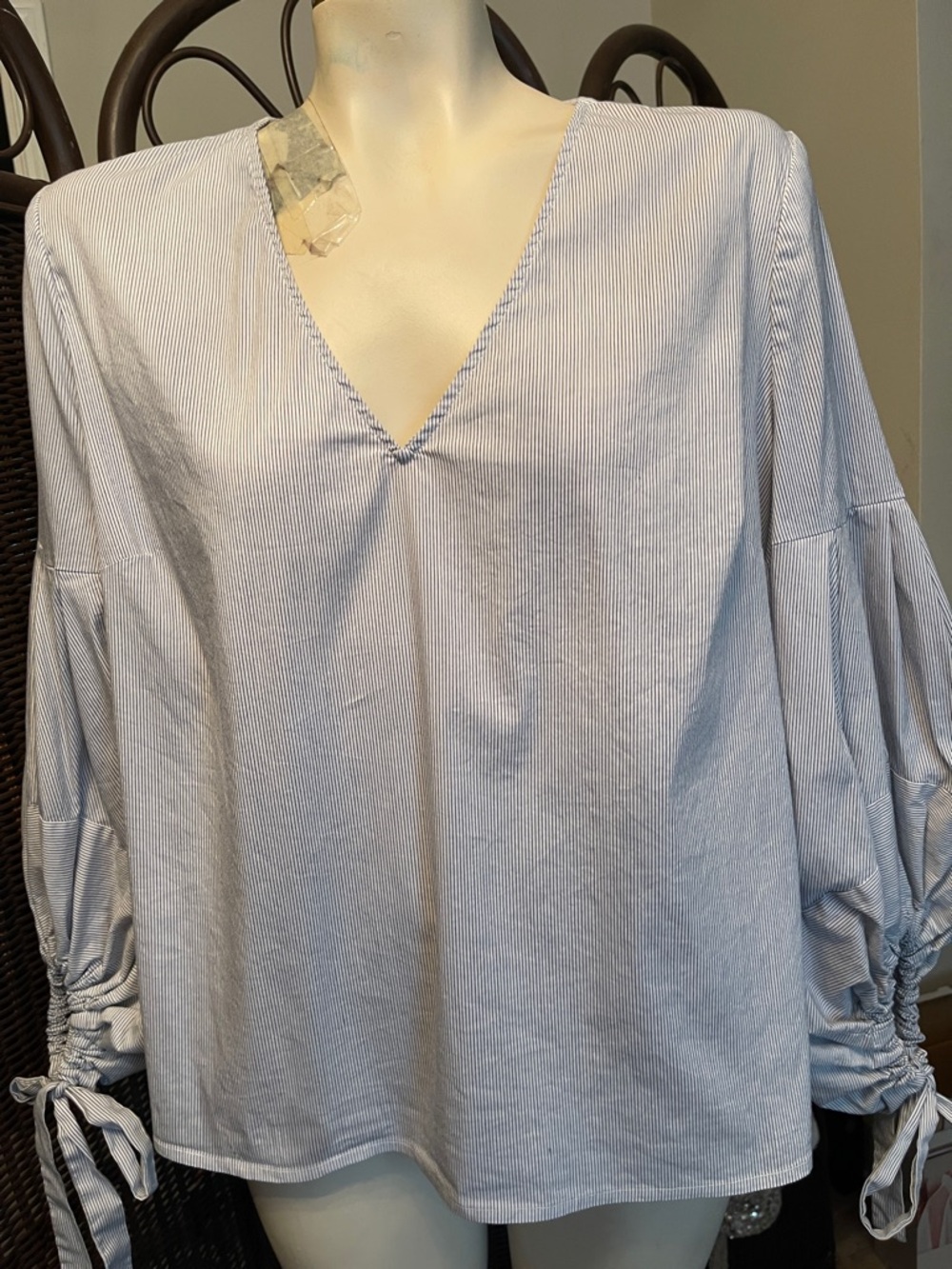 Alex Marie Light Blue Pinstriped V-Neck Tunic